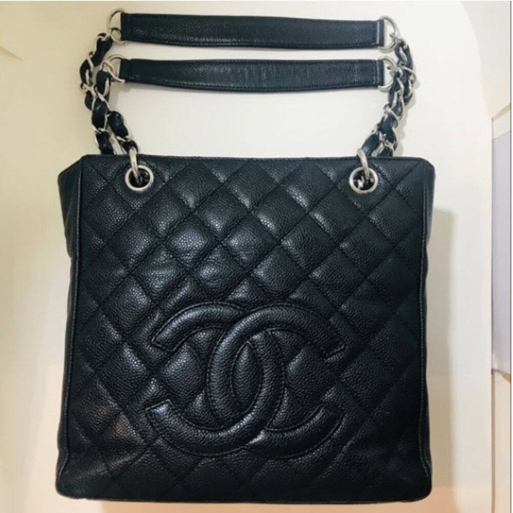 Chanel Petite Qulited Caviar Black Leather Shopping Tote with Silver Hardware